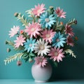 Teal And Pink Daisy Arrangement: 3d Paper Sculpture With Japanese Artistic Techniques