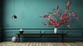 Teal And Pink Flower Arrangement On Wood Bench: Oriental Minimalism