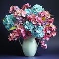 Teal And Pink Hydrangea Arrangement With 3d Effect