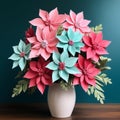 Teal And Pink Paper Poinsettia Bouquet: Hyper-detailed Craftcore Arrangement Royalty Free Stock Photo