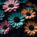 Teal, pink and yellow painted flowers with dark mood atmosphere, generative ai