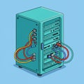 A teal server rack is depicted in a digital illustration style, featuring multiple shelves Royalty Free Stock Photo