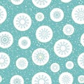 Teal, silver snowflakes in gold rimmed circles. Seamless winter vector pattern on white terrazzo background. For