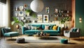 teal sofa and eclectic decor blend mid-century with modern vibes