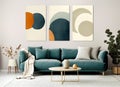 Teal sofa and three big posters. Mid century style interior design of modern living room. Created with generative AI Royalty Free Stock Photo