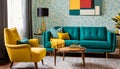 Teal sofa and yellow accent chair. Retro interior design of living room Royalty Free Stock Photo