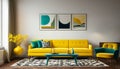 Teal sofa and yellow accent chair. Retro interior design of living room Royalty Free Stock Photo