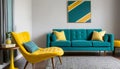 Teal sofa and yellow accent chair. Retro interior design of living room Royalty Free Stock Photo