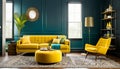 Teal sofa and yellow accent chair. Retro interior design of living room Royalty Free Stock Photo