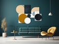 Teal sofa and yellow accent chair. Retro interior design of living room. Created with generative AI Royalty Free Stock Photo