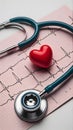 Teal Stethoscope and Red Heart on ECG Printout Top-Down Royalty Free Stock Photo