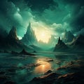 Teal Surrealism Seascape Abstract: Dreamworld Fantasy Illustration