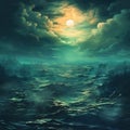 Teal Surrealism Seascape Abstract Fantasy Ocean Scene In Dark Emerald
