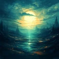 Teal Surrealism Seascape Abstract: Fantasy Sky Scene In The Ocean