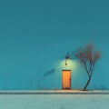 Teal wall with orange door illuminated by a lamp next to a bare tree on a sidewalk Royalty Free Stock Photo