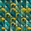 Teal and yellow abstract flower pattern for prints, wall art Royalty Free Stock Photo