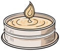 Tealight Candle Illustration, Small Scented Candle in Container, Burning Flame and Wax, Home Decor Royalty Free Stock Photo