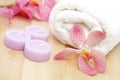 Tealight candles and white towel Royalty Free Stock Photo