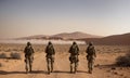 Team airborne infantry men with weapons moving patrolling desert storm. Sand, blue sky on background of squad, sunlight, front Royalty Free Stock Photo