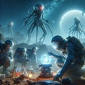 A team of alien scientists conducting experiments on a remotepl
