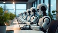 Team of android robots work at computers in a modern office