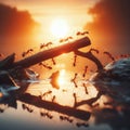 team of ants constructing a bridge over water
