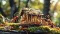 Team of ants work constructing house, teamwork.