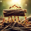 Team of ants working together bring a wood, good teamwork