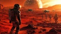 A team of astronauts examines the Martian terrain while utilizing advanced technology and vehicles under a vibrant