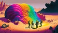 a team of astronauts looking mysterious rainbow digital art illustration, Generative AI