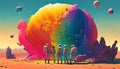 a team of astronauts looking mysterious rainbow digital art illustration, Generative AI