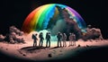 a team of astronauts looking mysterious rainbow digital art illustration, Generative AI