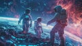 A team of astronauts on a mission to terraform a distant planet using advanced tools and equipment powered by 6G