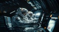 Team of astronauts in a space suits aboard the orbital station. A crew of cosmonauts piloting the spaceship. People in