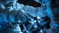 A team of astronauts on a spacewalk using specially designed gloves to handle a delicate magnetic monopole sample