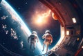 A team of astronauts traveling in space inside a spaceship with nebula in the background. Science and technology concept.