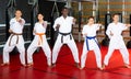 Team of athletes in kimono at karate class in gym