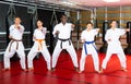 Team of athletes in kimono at karate class in gym