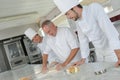 Team bakers kneading dough in commercial kitchen Royalty Free Stock Photo