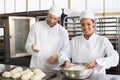 Team of bakers preparing dough Royalty Free Stock Photo
