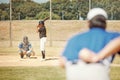 Team, baseball and pitch in sports game for exercise, collaboration and player with bat ready to hit ball. Teamwork Royalty Free Stock Photo