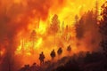 A team of brave firefighters marches through a fierce forest fire, battling flames amidst a smoky, ember-filled landscape as they
