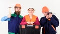 Team of builder, repairman, handyman with toolbox, hammer, drill