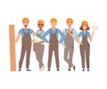 Team of builders in gray overalls and blue T-shirts. Vector illustration.