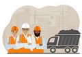 Team of builders in vests and helmets at the construction site. Workers and dump truck with sand. Development, design Royalty Free Stock Photo