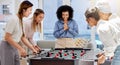 Team building, break and business women playing game in office lounge room having fun and bonding together. Trendy, cool Royalty Free Stock Photo
