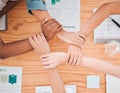 Team building, diversity and top view of hands of business people in meeting for strategy, connection and support Royalty Free Stock Photo