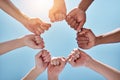 Team building, fist bump and hands in a circle together for unity, collaboration and connection. Solidarity, diversity Royalty Free Stock Photo