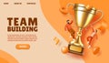 Team building landing page design. Winners and trophy cup, champion award, people win competition, success employee