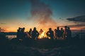Team-building outings or events, people standing around the fire in nature Royalty Free Stock Photo